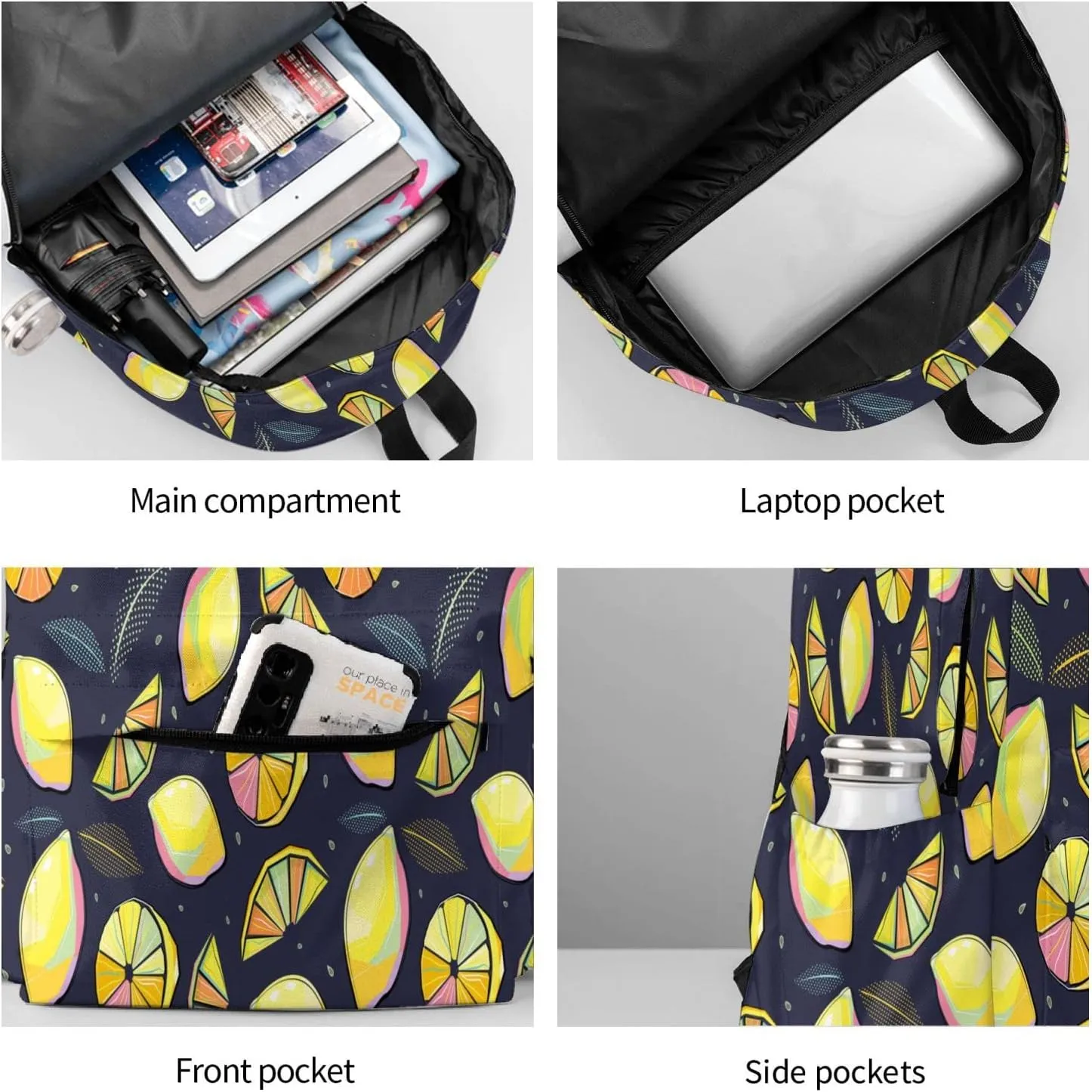 17 inch Backpack Pop Art Lemon Citrus Leaves Laptop Backpack School Bookbag Shoulder Bag Casual Daypack