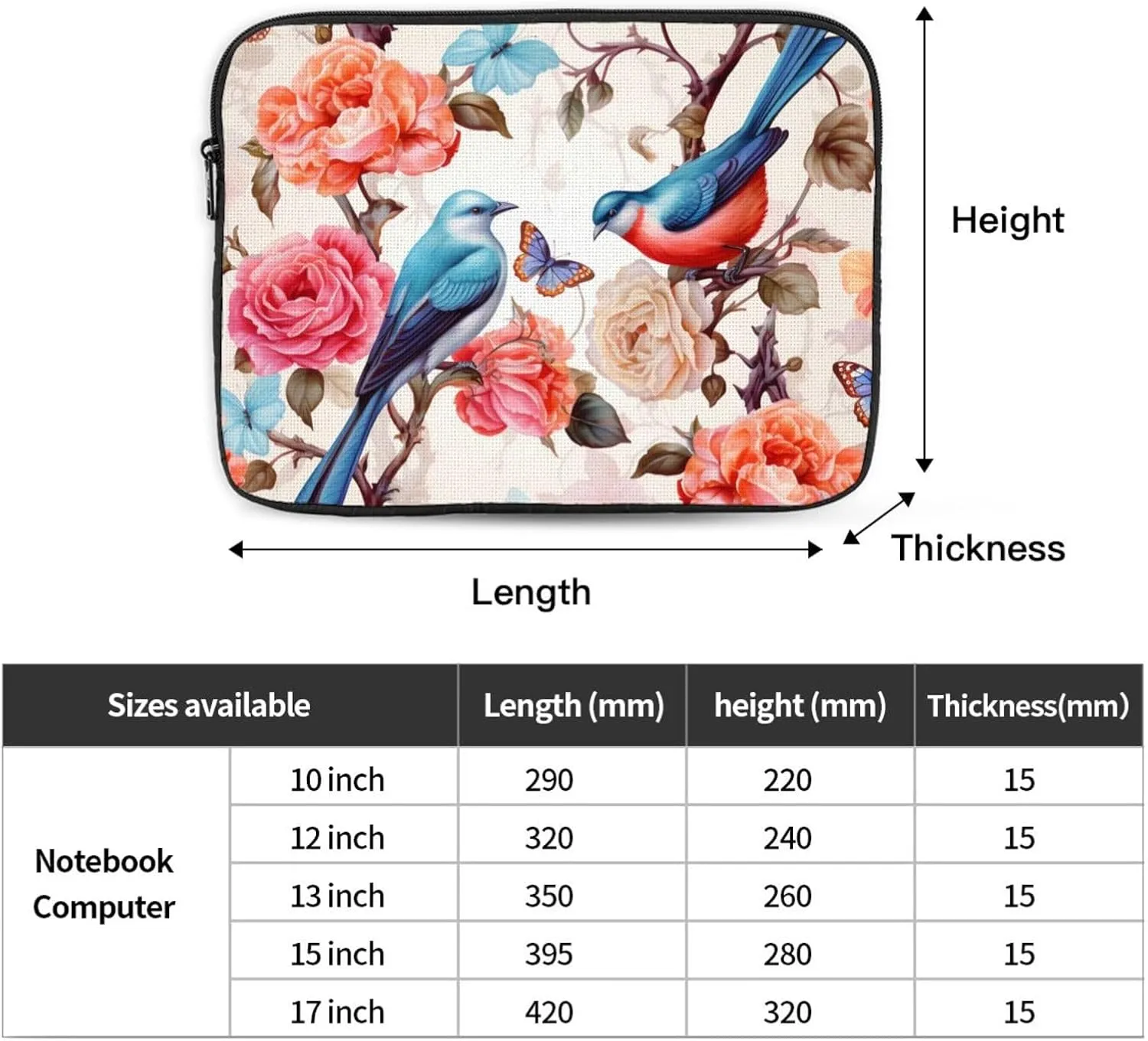 17 Inch Laptop Sleeve Bag Waterproof Shockproof Laptop Case Bag Romantic Fancy Floral Birds Butterfly Computer Skin Bags Lightweight Tablet Carrying Case
