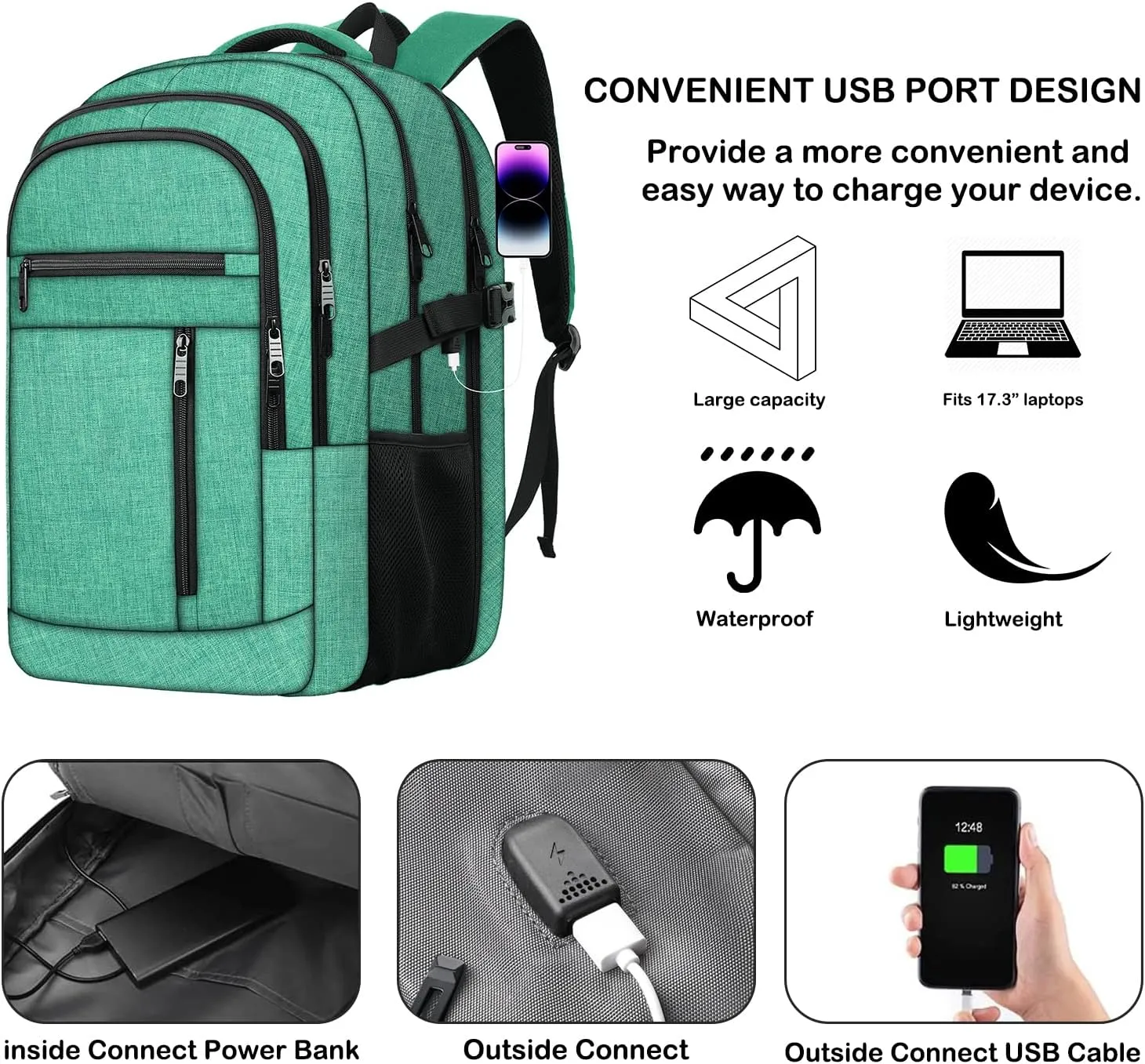 17 inch Travel laptop backpack Anti-Theft Backpack With USB Charging Port, Extra Large Business TSA Backpacks Sturdy Water Resistant Bag for Men Women, Green