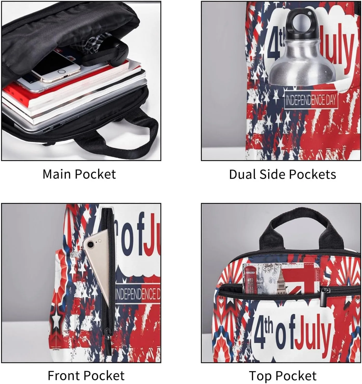 1776 American Independence Day American Flag Casual Backpacks Laptop Backpack Outdoor Travel Rucksack Sport Carry-On Daypack Lightweight Bag with Multi-Pockets