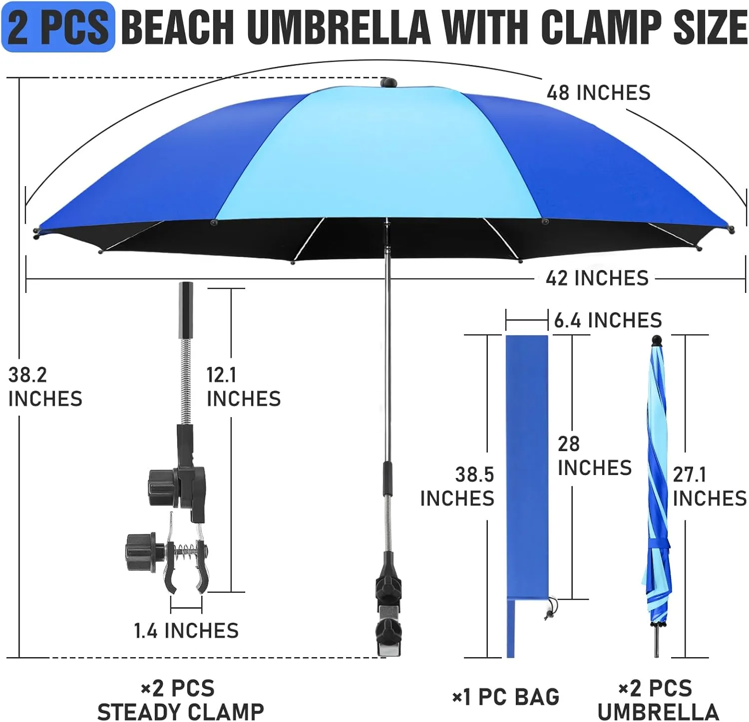 2 Pack Beach Umbrella with 360 Universal Clamp, UPF50  Umbrella Outdoor Patio Sun Protection for Chairs, Beach &Patio Use (Not Include Chair)