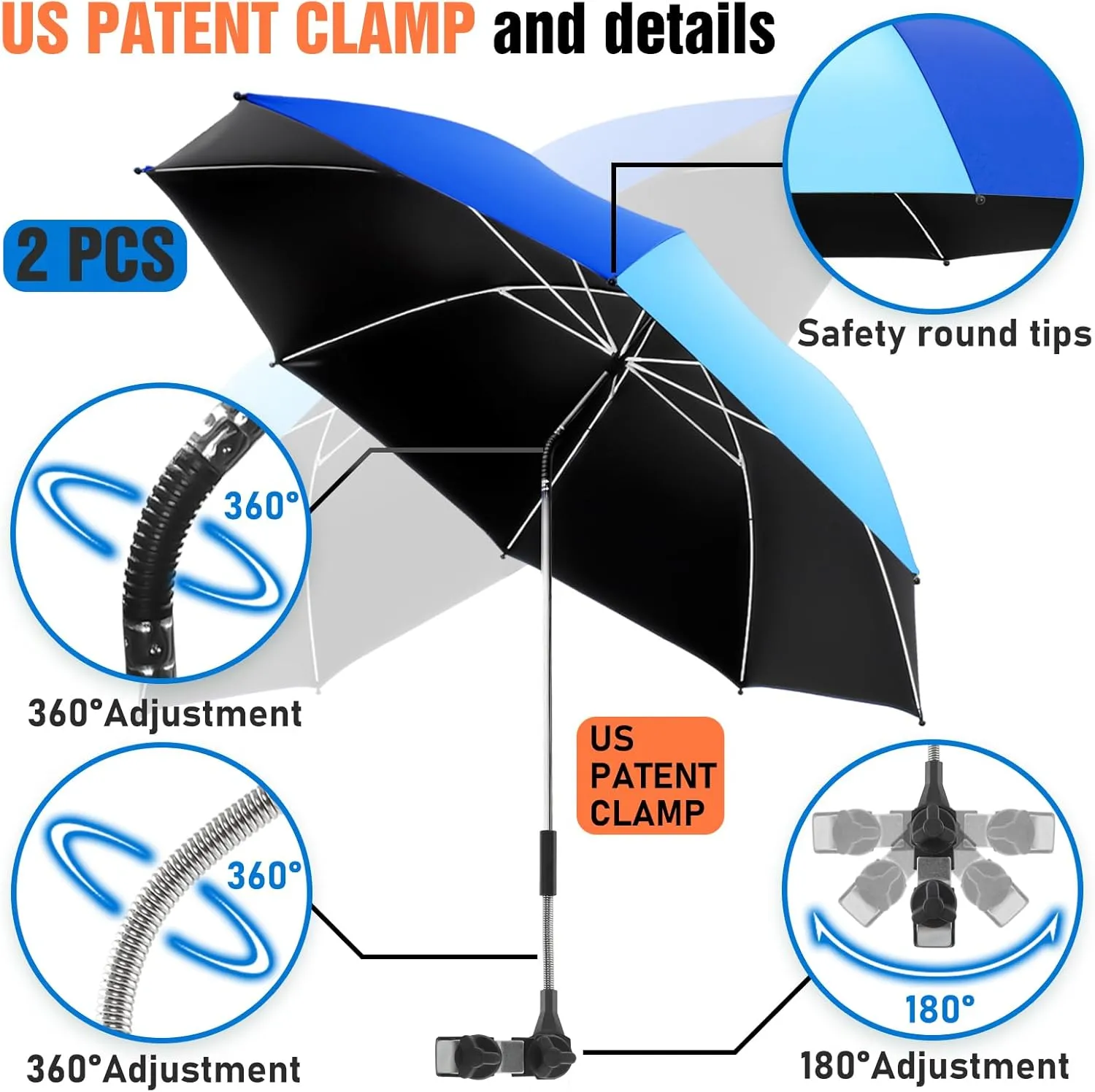 2 Pack Beach Umbrella with 360 Universal Clamp, UPF50  Umbrella Outdoor Patio Sun Protection for Chairs, Beach &Patio Use (Not Include Chair)