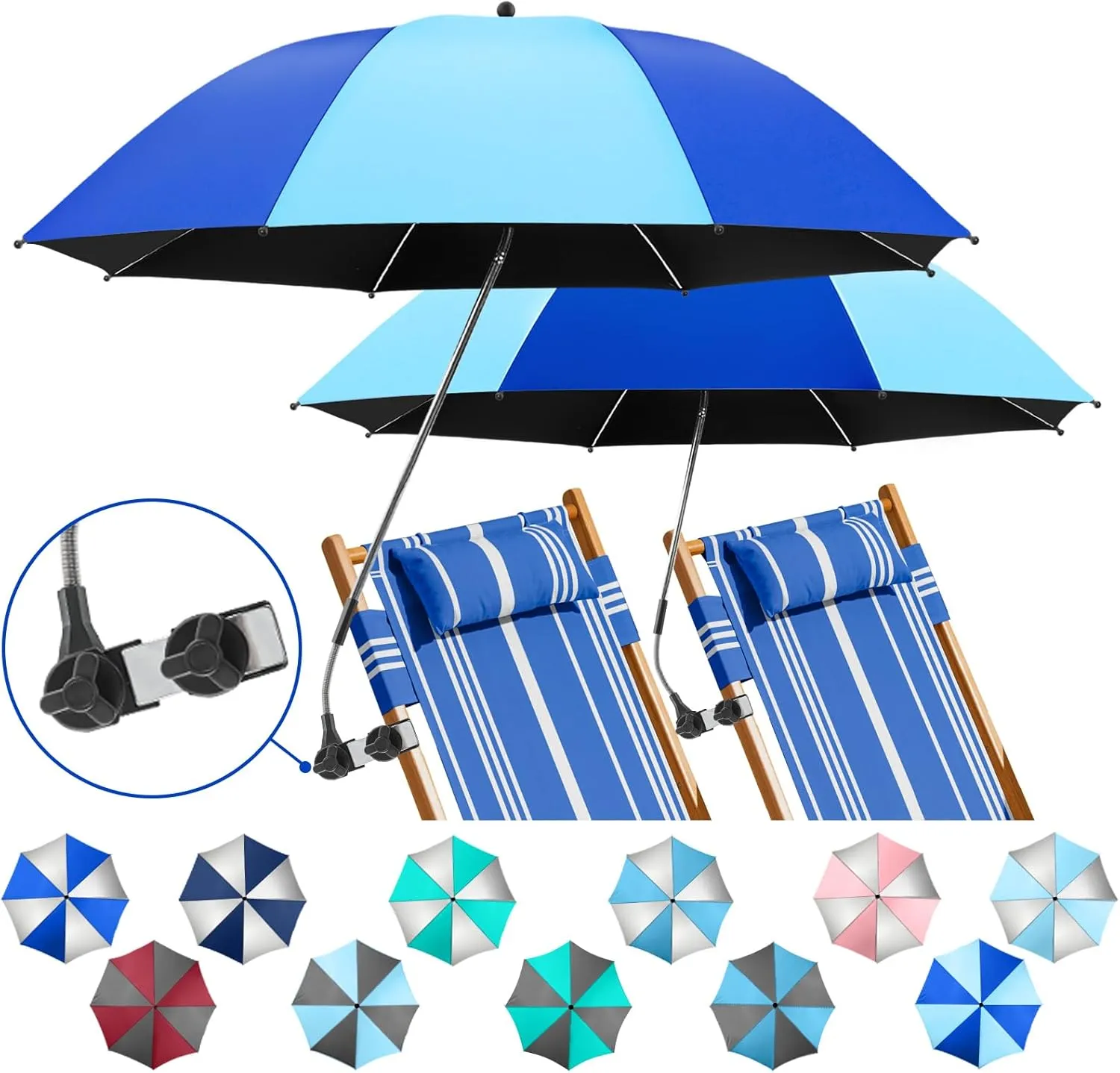 2 Pack Beach Umbrella with 360 Universal Clamp, UPF50  Umbrella Outdoor Patio Sun Protection for Chairs, Beach &Patio Use (Not Include Chair)