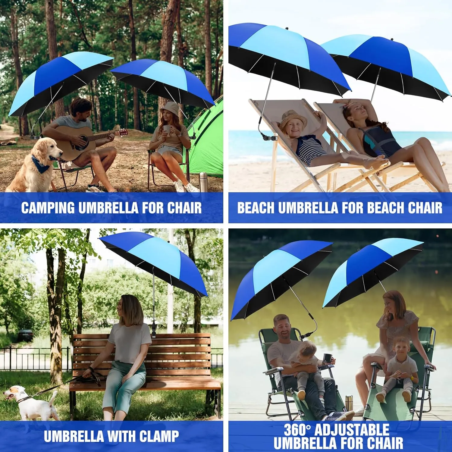 2 Pack Beach Umbrella with 360 Universal Clamp, UPF50  Umbrella Outdoor Patio Sun Protection for Chairs, Beach &Patio Use (Not Include Chair)