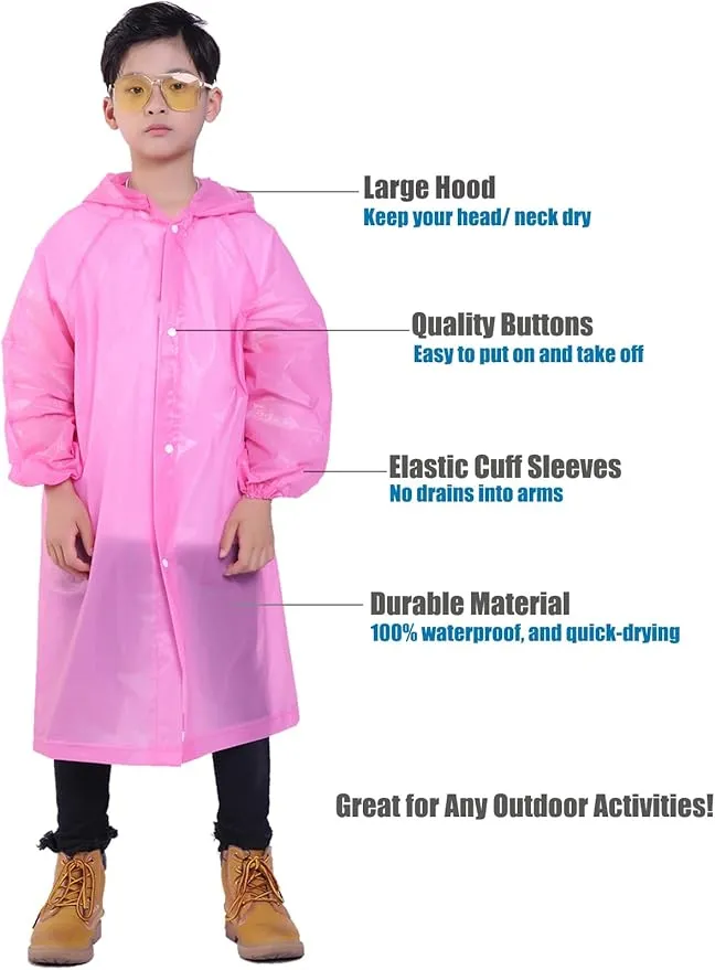 2 Pack Rain Ponchos for Kids, Reusable Kids Rain Jacket with Hood Waterproof Raincoats for Boys and Girls
