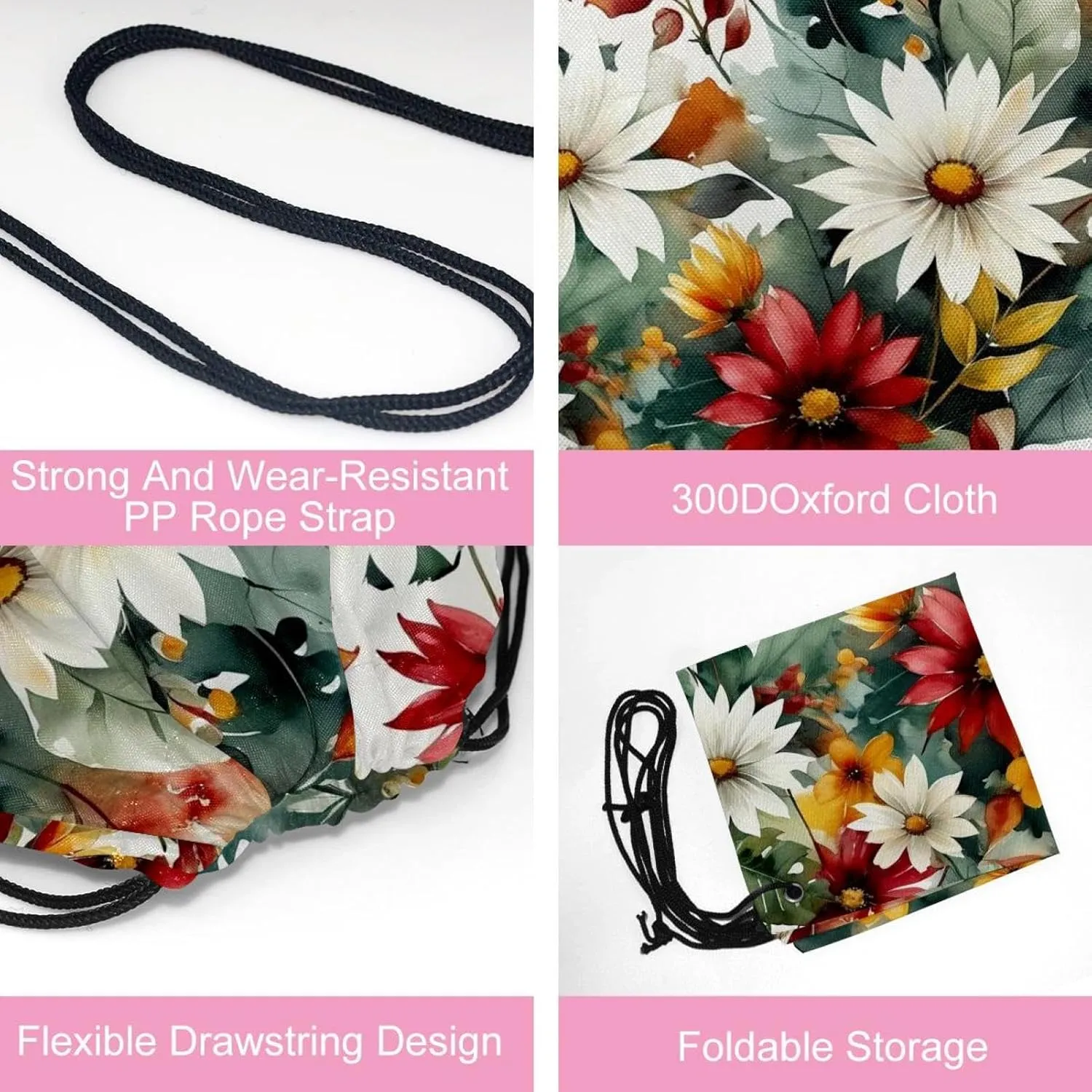 2 Pieces Drawstring Backpacks, Flowers and Green Leaves Draw String Back Bag Drawstring Bags for Sports, Gym, Travel, Swimming, Beach