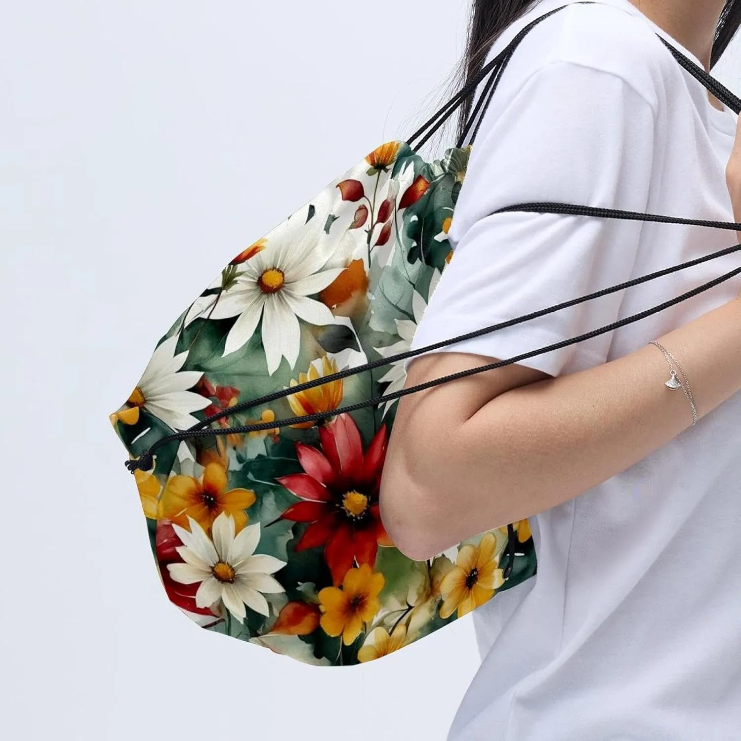 2 Pieces Drawstring Backpacks, Flowers and Green Leaves Draw String Back Bag Drawstring Bags for Sports, Gym, Travel, Swimming, Beach