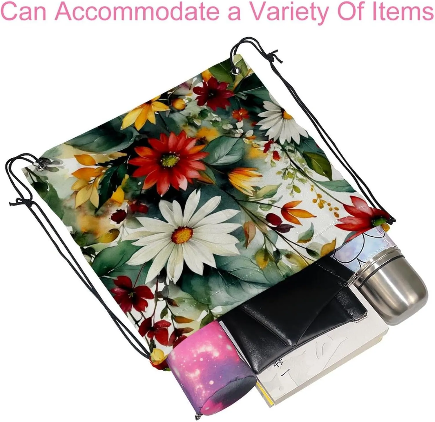 2 Pieces Drawstring Backpacks, Flowers and Green Leaves Draw String Back Bag Drawstring Bags for Sports, Gym, Travel, Swimming, Beach