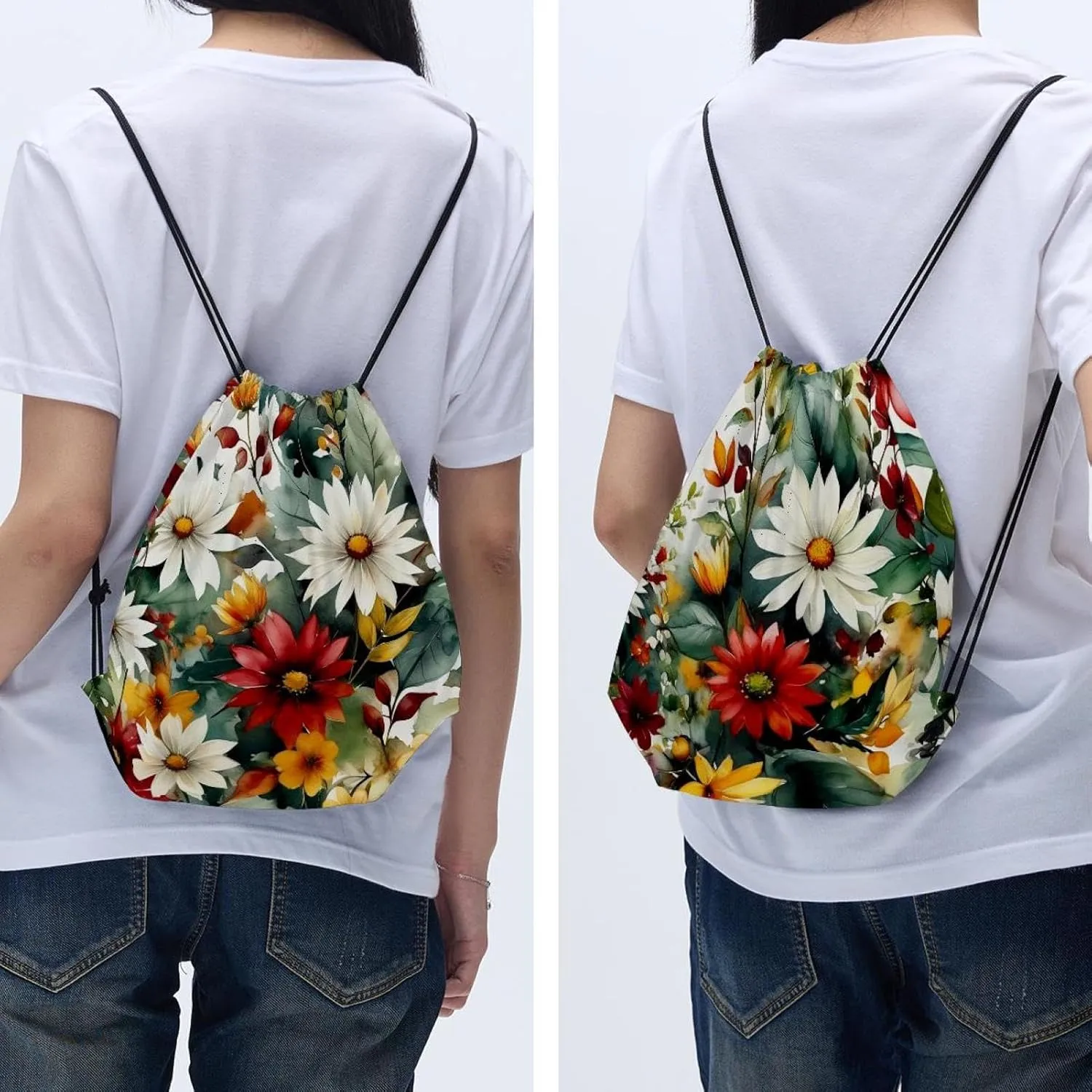 2 Pieces Drawstring Backpacks, Flowers and Green Leaves Draw String Back Bag Drawstring Bags for Sports, Gym, Travel, Swimming, Beach