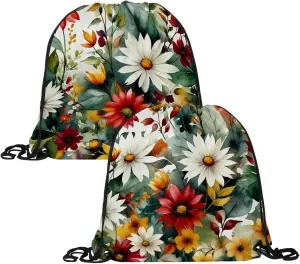 2 Pieces Drawstring Backpacks, Flowers and Green Leaves Draw String Back Bag Drawstring Bags for Sports, Gym, Travel, Swimming, Beach