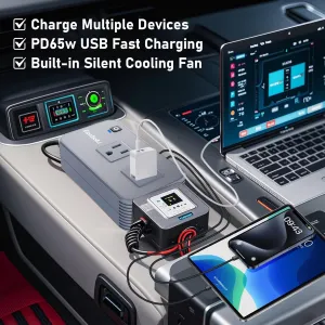 200W Car Power Inverter 12V DC to 110V AC Car Converter with 20W USB-C & 18W USB-QC Ports Car Laptop Charger, Car Adapter for Plug Outlet for Laptop Vehicles Camping Road Trip