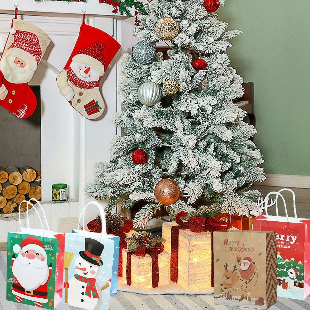 25PCS Christmas Tote Bags Kraft Paper Gift Bags