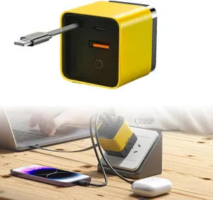 3 in 1 Gan Charger, 2025 Upgrade 80W Charger Retractable Phone Chargers Wall Plug with Type C Cable and 2 USB Ports, Scalable 80w Max Module for Laptops and Phone (Yellow)
