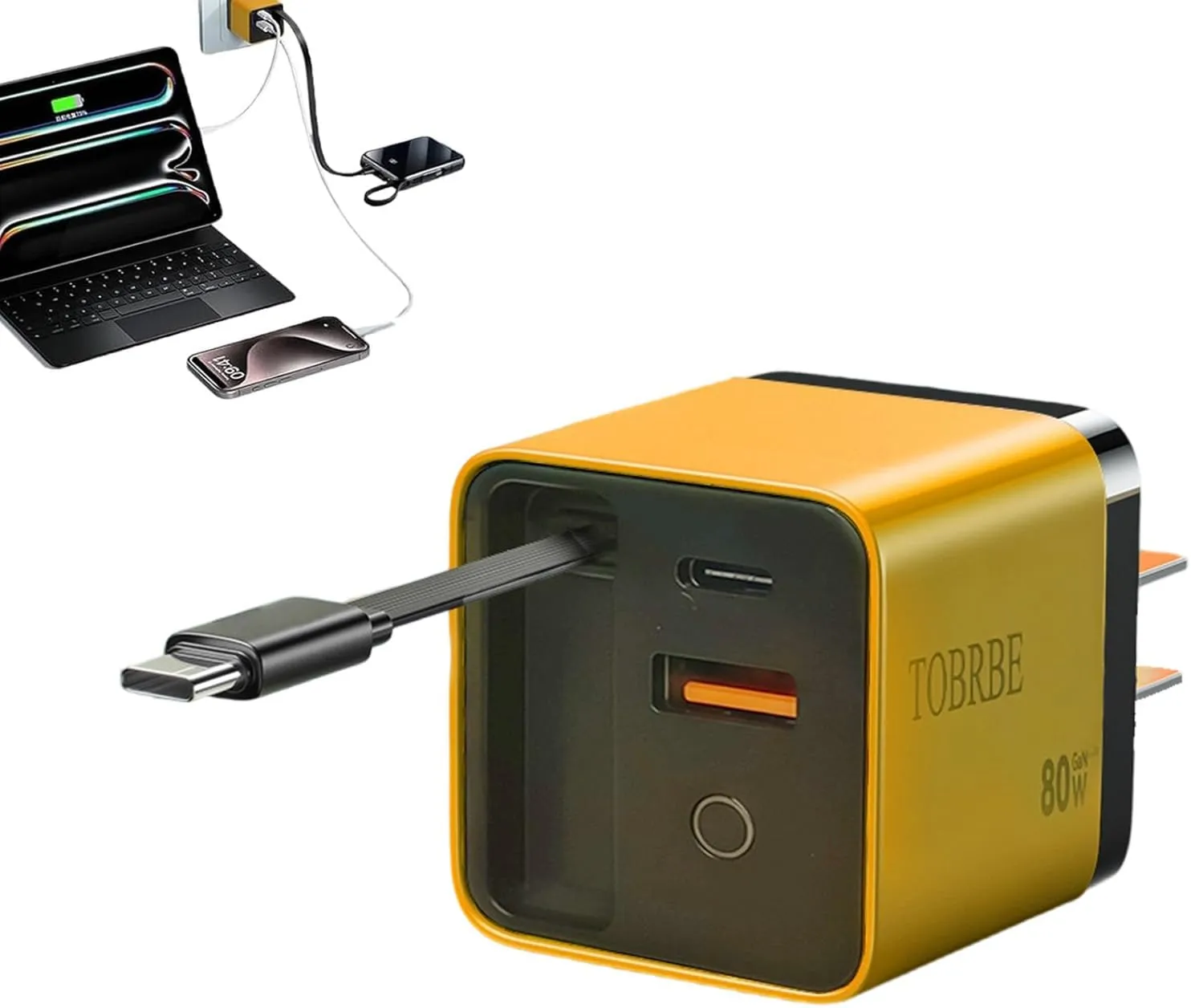 3 in 1 Gan Charger, 80 Watt All in One Retractable Charger with Type-C Cable and 2 USB Ports, Scalable 80w Max Fast Charger Module, Folding Charging,for Smartphones, Laptops