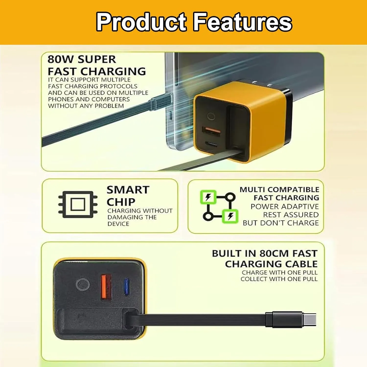 3 in 1 Gan Charger, Scalable 80w Max Fast Charger Module with Type-C Cable and 2 USB Ports, Retractable All in One Chargers, Phone Charger Wall Plug for Phone and Laptops (White, 3pcs)
