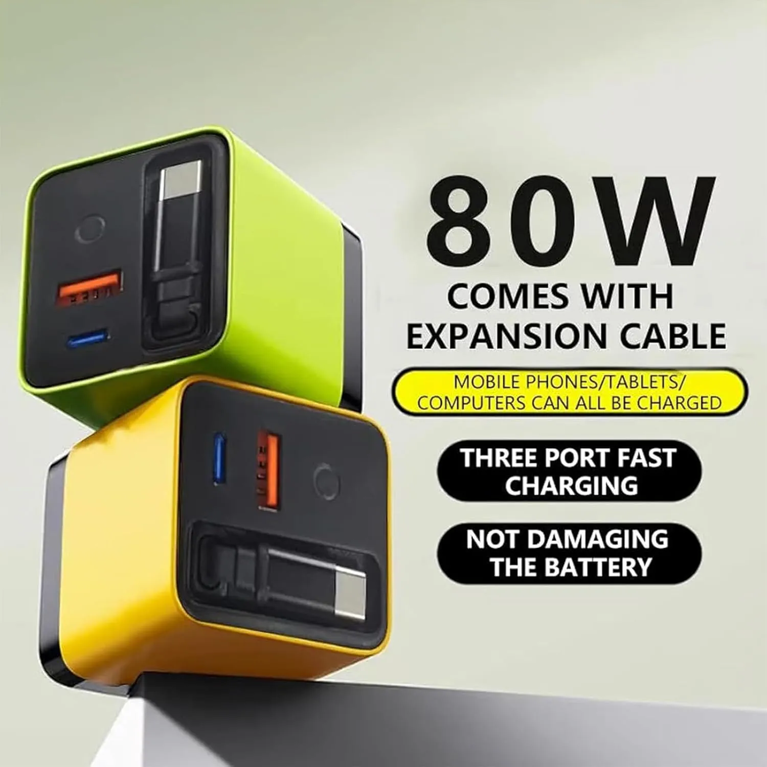 3 in 1 Gan Charger, Scalable 80w Max Fast Charger Module with Type-C Cable and 2 USB Ports, Retractable All in One Chargers, Phone Charger Wall Plug for Phone and Laptops (White, 3pcs)