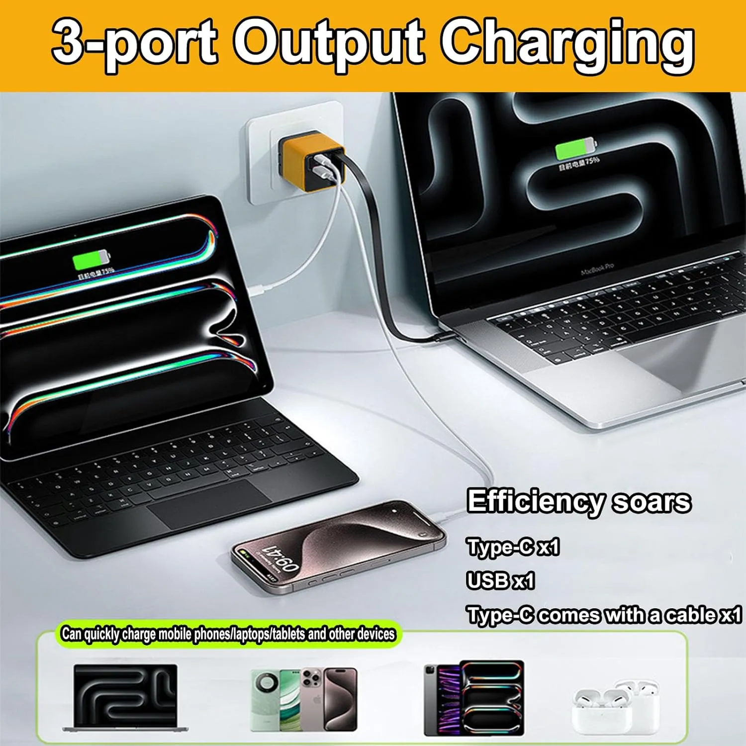 3 in 1 Gan Charger, Scalable 80w Max Fast Charger Module with Type-C Cable and 2 USB Ports, Retractable All in One Chargers, Phone Charger Wall Plug for Phone and Laptops (White, 3pcs)