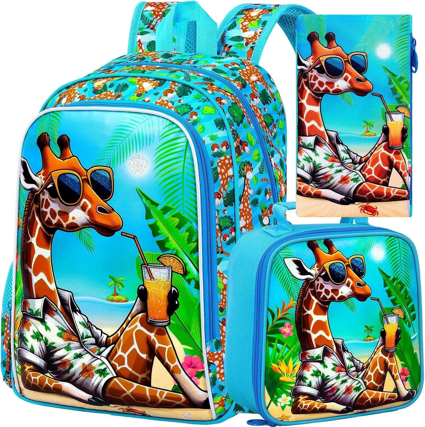 3Pcs Backpack for Boys, 16" Giraffe Kids Bookbag Set for Elementary Preschool Kindergarten, School Backpacks with Lunch Box(Blue)