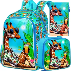 3Pcs Backpack for Boys, 16" Giraffe Kids Bookbag Set for Elementary Preschool Kindergarten, School Backpacks with Lunch Box(Blue)