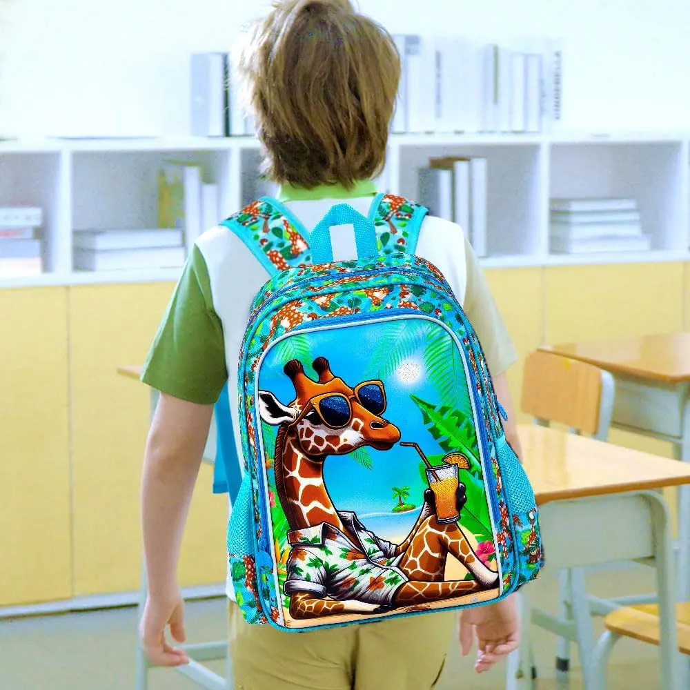 3Pcs Backpack for Boys, 16" Giraffe Kids Bookbag Set for Elementary Preschool Kindergarten, School Backpacks with Lunch Box(Blue)