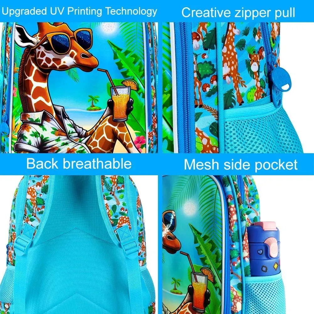 3Pcs Backpack for Boys, 16" Giraffe Kids Bookbag Set for Elementary Preschool Kindergarten, School Backpacks with Lunch Box(Blue)