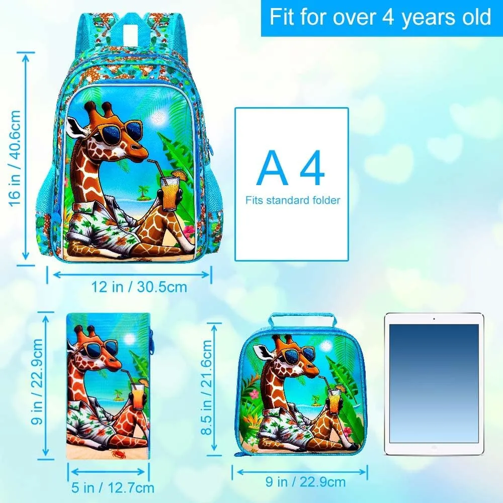 3Pcs Backpack for Boys, 16" Giraffe Kids Bookbag Set for Elementary Preschool Kindergarten, School Backpacks with Lunch Box(Blue)