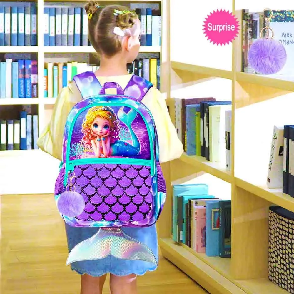 3Pcs Mermaid Backpack for Girls, 16" Sequins Kids Bookbag with Lunch Box, School Backpacks Set for Elementary Preschool Kindergarten(Purple)