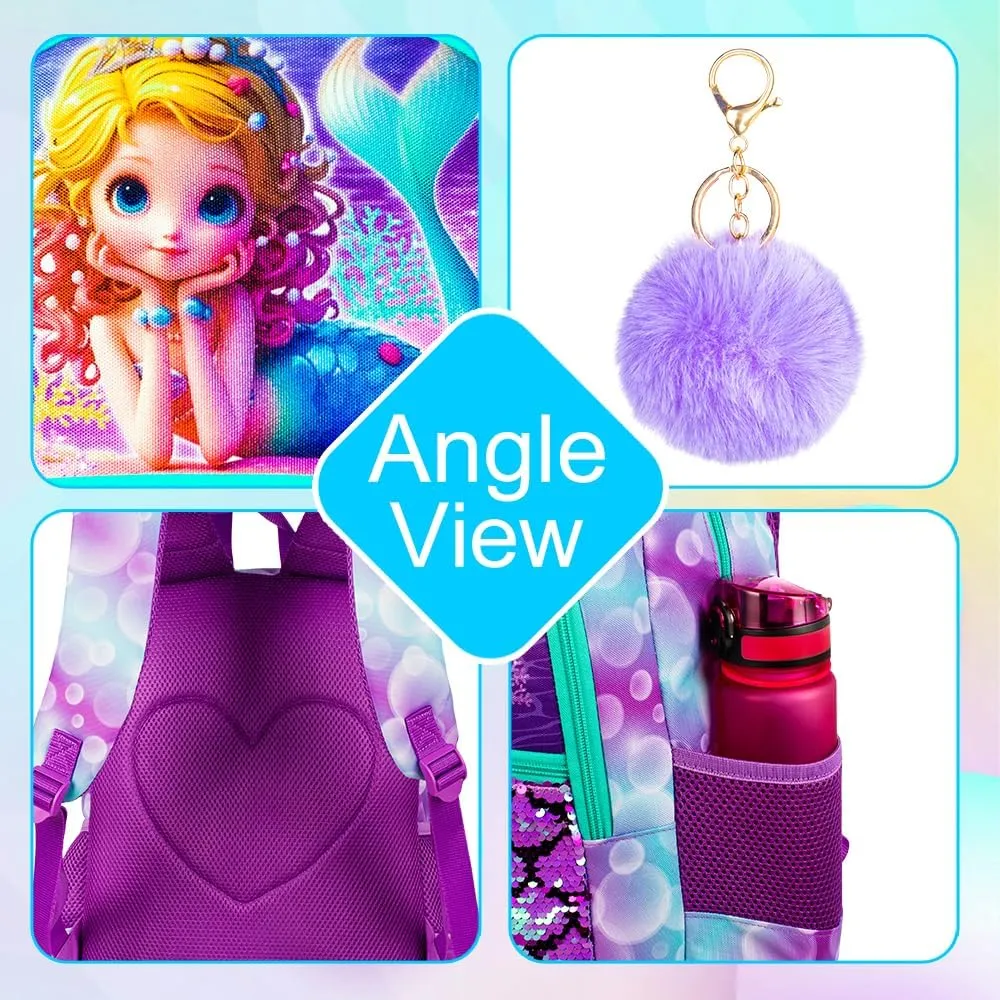 3Pcs Mermaid Backpack for Girls, 16" Sequins Kids Bookbag with Lunch Box, School Backpacks Set for Elementary Preschool Kindergarten(Purple)