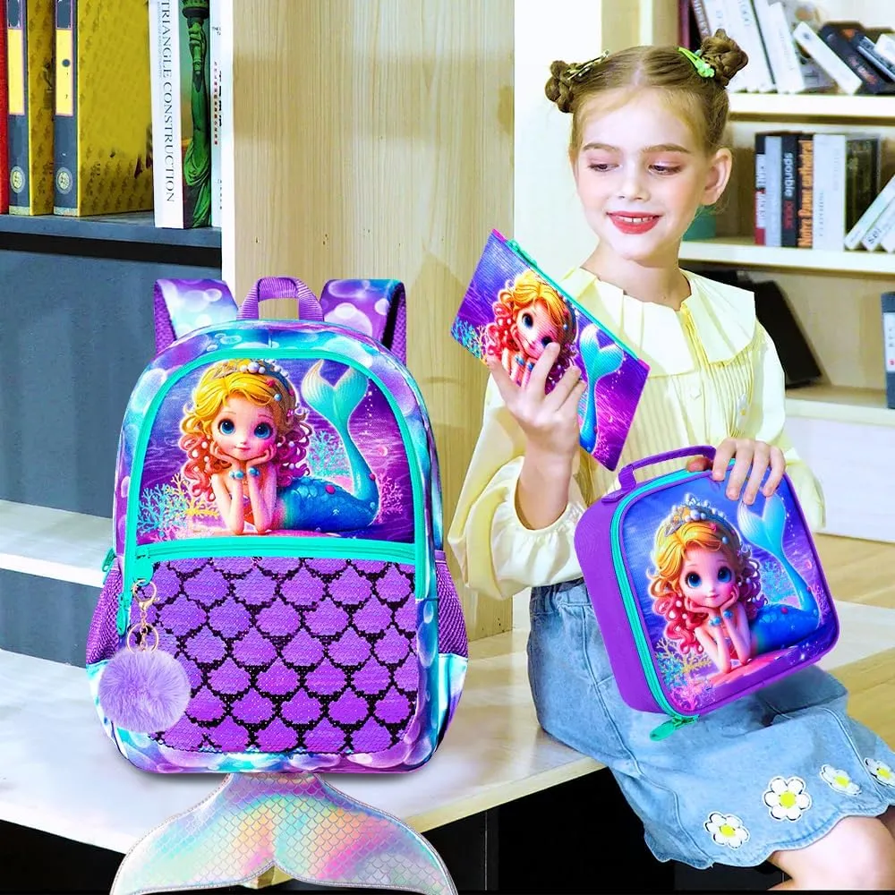 3Pcs Mermaid Backpack for Girls, 16" Sequins Kids Bookbag with Lunch Box, School Backpacks Set for Elementary Preschool Kindergarten(Purple)