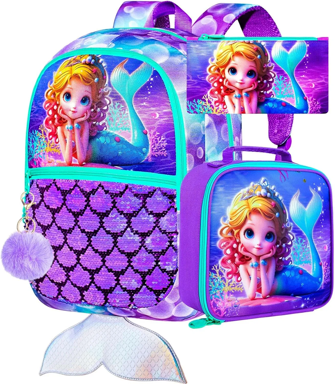 3Pcs Mermaid Backpack for Girls, 16" Sequins Kids Bookbag with Lunch Box, School Backpacks Set for Elementary Preschool Kindergarten(Purple)