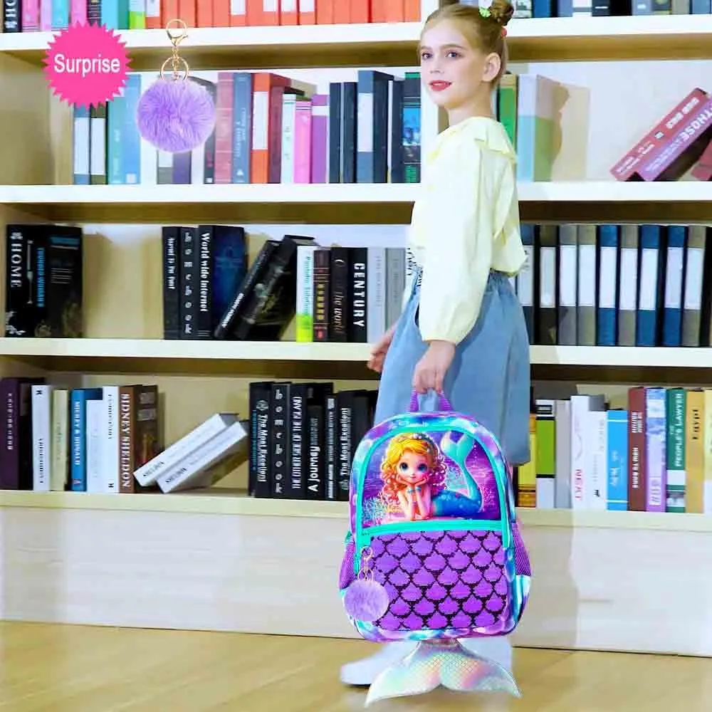 3Pcs Mermaid Backpack for Girls, 16" Sequins Kids Bookbag with Lunch Box, School Backpacks Set for Elementary Preschool Kindergarten(Purple)