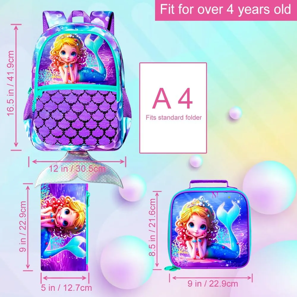 3Pcs Mermaid Backpack for Girls, 16" Sequins Kids Bookbag with Lunch Box, School Backpacks Set for Elementary Preschool Kindergarten(Purple)