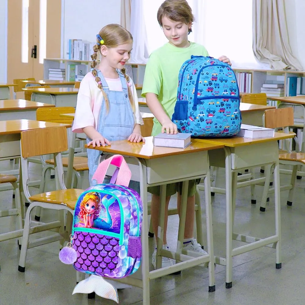 3Pcs Mermaid Backpack for Girls, 16" Sequins Kids Bookbag with Lunch Box, School Backpacks Set for Elementary Preschool Kindergarten(Purple)