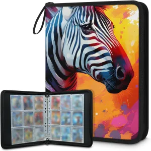 4 Pocket Card Binder, Colorful Zebra 400 Pockets Collector Album with Zipper Trading Card Binder, Abstract Zebra Double Sided Pocket Collection Binder