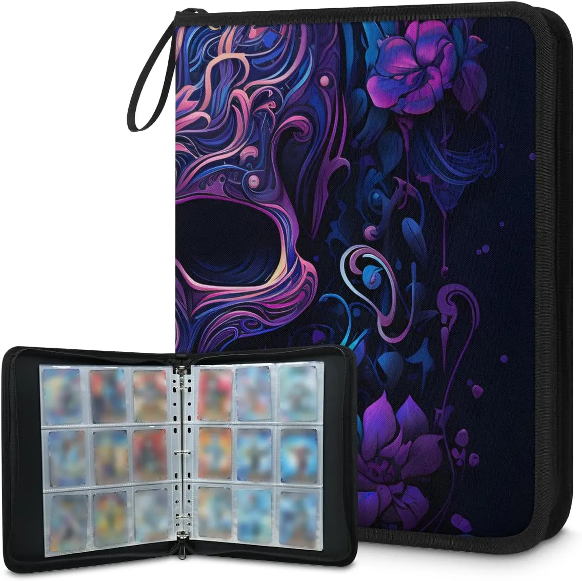 4 Pocket Card Binder, Neon Skull 400 Pockets Collector Album with Zipper Trading Card Binder, Colorful Florals Double Sided Pocket Collection Binder