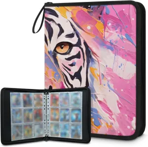 4 Pocket Card Binder, Tiger 400 Pockets Collector Album with Zipper Trading Card Binder, Pink Oil Painting Double Sided Pocket Collection Binder