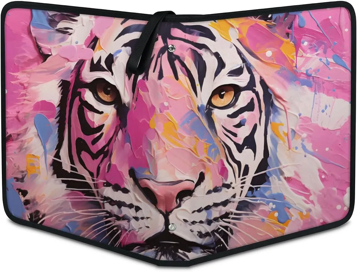 4 Pocket Card Binder, Tiger 400 Pockets Collector Album with Zipper Trading Card Binder, Pink Oil Painting Double Sided Pocket Collection Binder