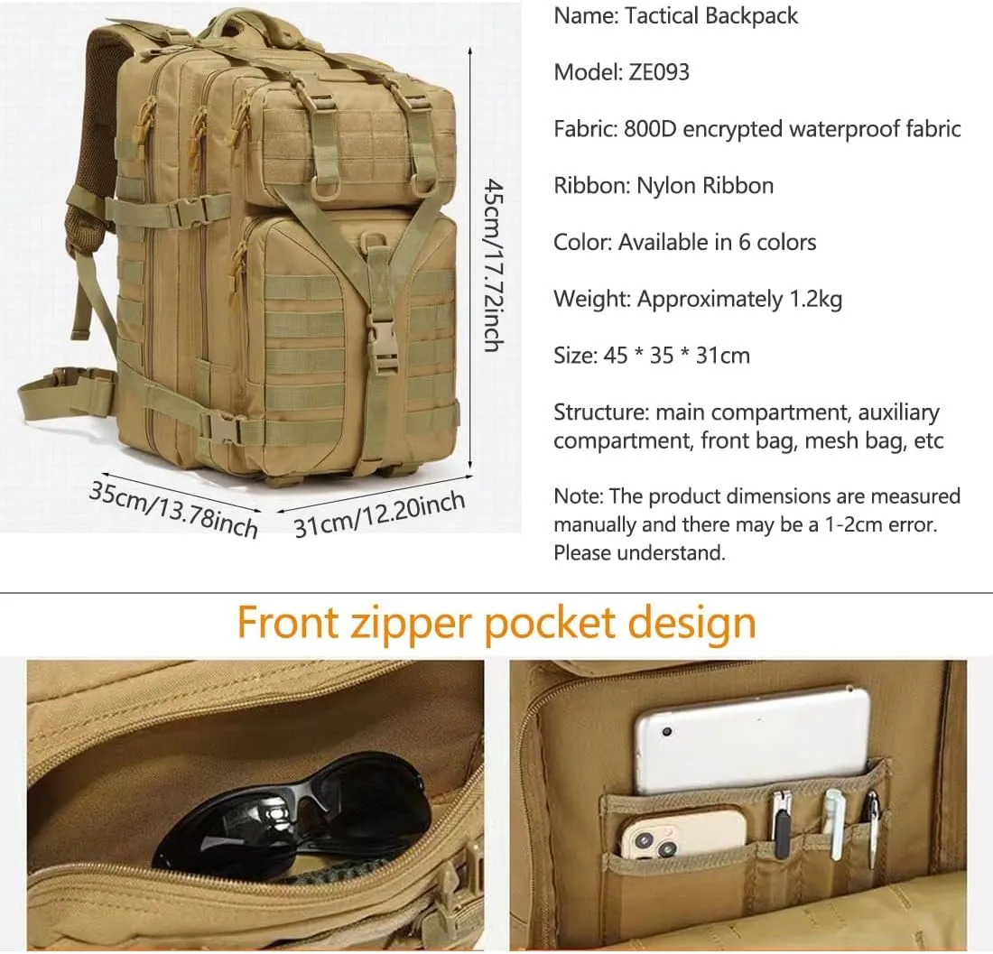 45L Military Tactical Backpack Large Men Army 3 Day Assault Rucksack Molle Bag Daypack (Military Green)