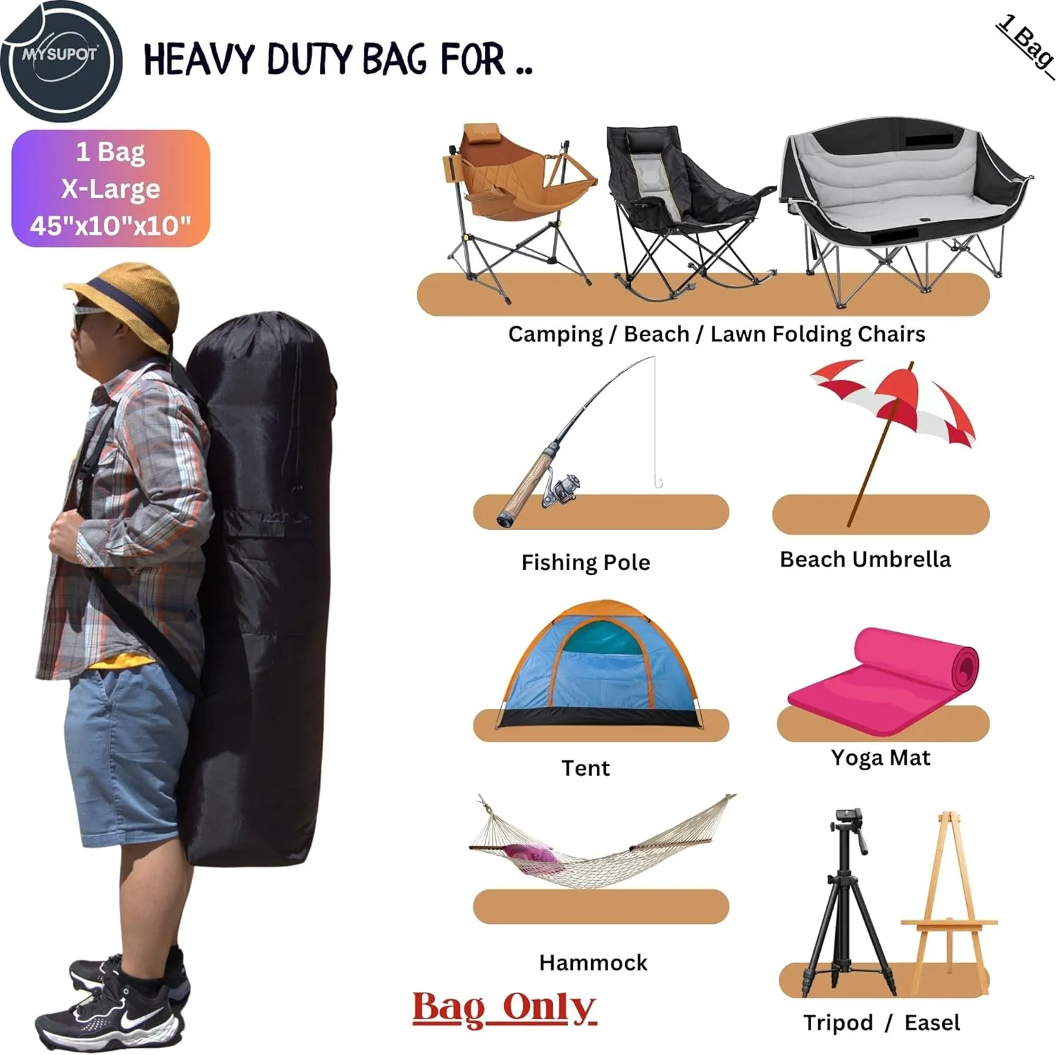 45"x10"x10" (Black, XL) Heavy Duty Replacement Bag (X1) for Folding Camping Chair, Loveseat, Hammock, Yoga Mat, Beach Chair, Umbrella, Tent. 600D Oxford Polyester Fabric w/Side Pockets