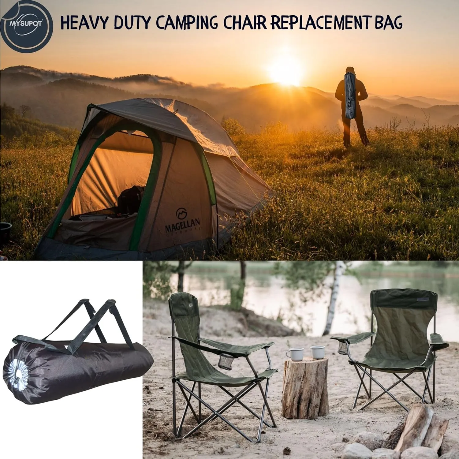 45"x10"x10" (Black, XL) Heavy Duty Replacement Bag (X1) for Folding Camping Chair, Loveseat, Hammock, Yoga Mat, Beach Chair, Umbrella, Tent. 600D Oxford Polyester Fabric w/Side Pockets