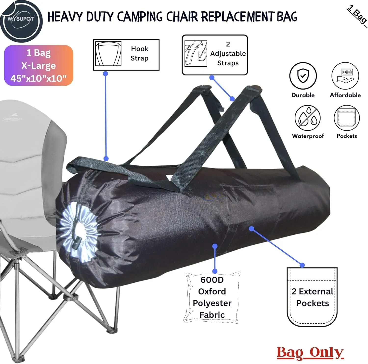 45"x10"x10" (Black, XL) Heavy Duty Replacement Bag (X1) for Folding Camping Chair, Loveseat, Hammock, Yoga Mat, Beach Chair, Umbrella, Tent. 600D Oxford Polyester Fabric w/Side Pockets