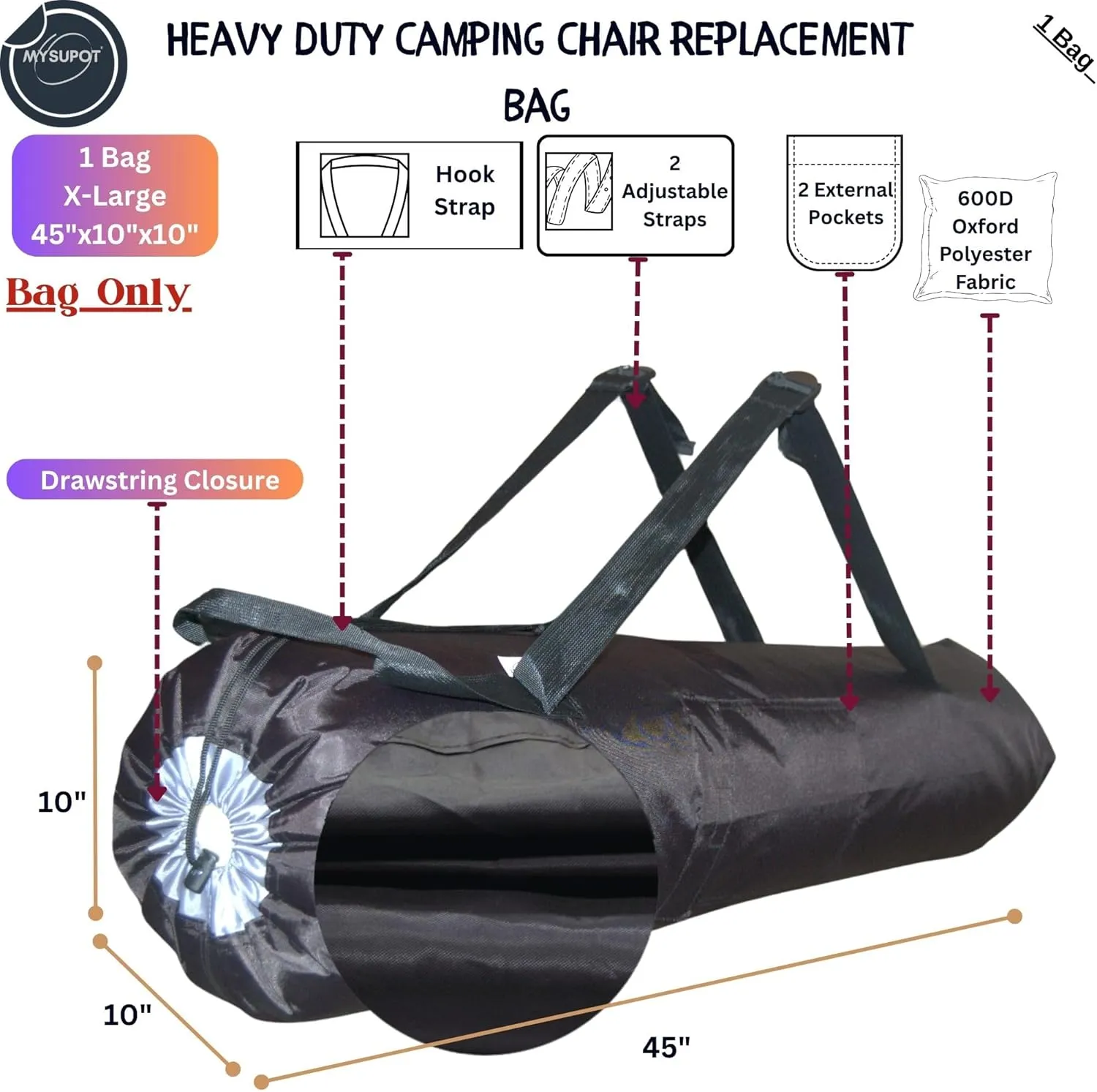 45"x10"x10" (Black, XL) Heavy Duty Replacement Bag (X1) for Folding Camping Chair, Loveseat, Hammock, Yoga Mat, Beach Chair, Umbrella, Tent. 600D Oxford Polyester Fabric w/Side Pockets