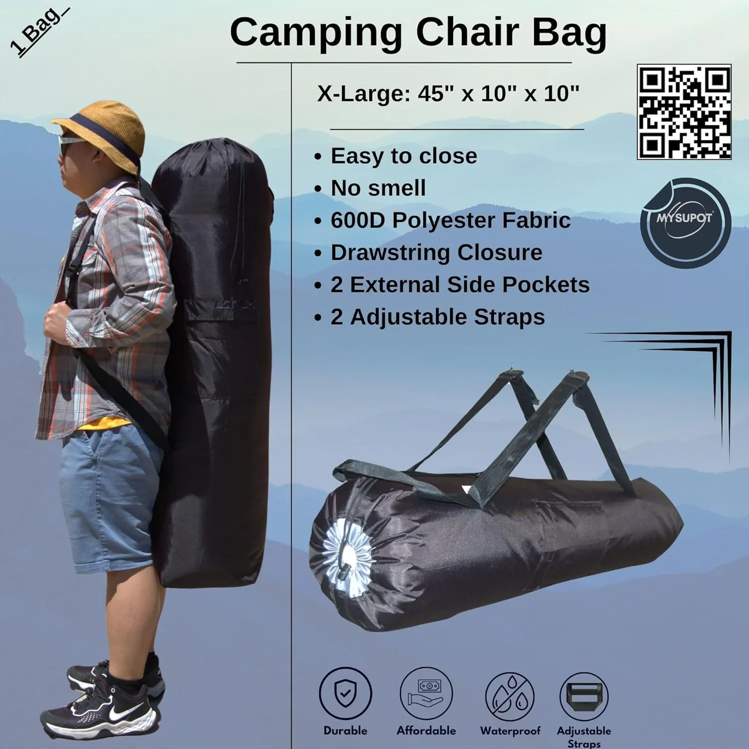 45"x10"x10" (Black, XL) Heavy Duty Replacement Bag (X1) for Folding Camping Chair, Loveseat, Hammock, Yoga Mat, Beach Chair, Umbrella, Tent. 600D Oxford Polyester Fabric w/Side Pockets