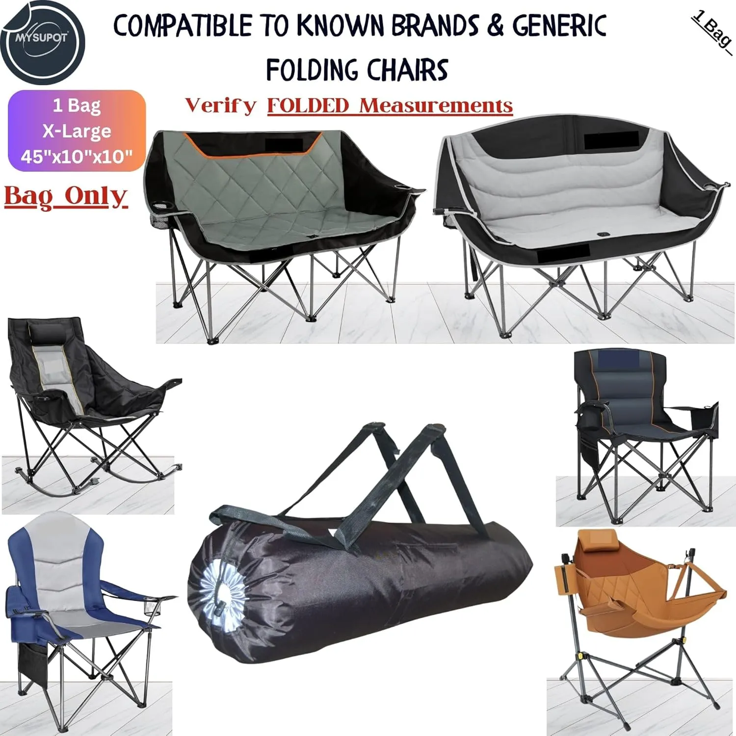 45"x10"x10" (Black, XL) Heavy Duty Replacement Bag (X1) for Folding Camping Chair, Loveseat, Hammock, Yoga Mat, Beach Chair, Umbrella, Tent. 600D Oxford Polyester Fabric w/Side Pockets