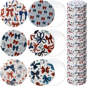 48 PCS Red White Blue Coquette Bows Compact Mirror Bulk USA 4th of July Party Favors Portable Travel Makeup Pocket Purse Mirror for Patriotic Party Independence Day Gifts