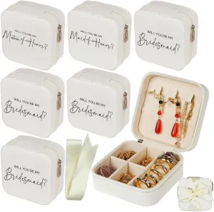 6 Pack Bridesmaid Jewelry Box with Ribbon, Maid Matron of Honor Small Travel Jewelry Case for Women, Bridesmaid Proposal Gifts, Wedding