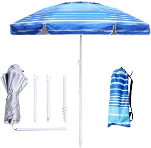 6.5ft Beach Umbrella - Heavy Duty Wind Resistant UV 50  Portable Sun Shade with Sand Anchor & Carry Bag, Outdoor Folding Umbrella for Beach, Pool, Patio, Garden (Blue Stripe)