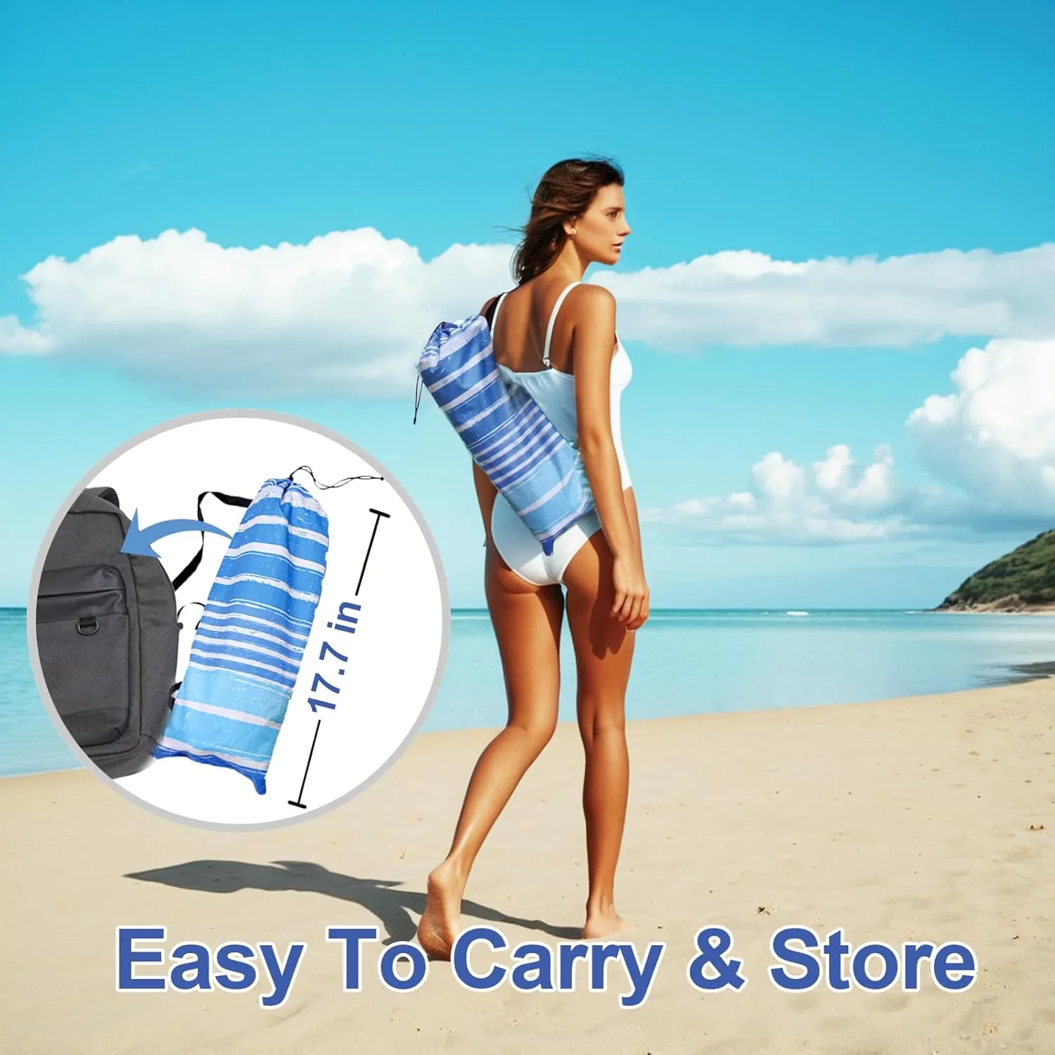 6.5ft Beach Umbrella - Heavy Duty Wind Resistant UV 50  Portable Sun Shade with Sand Anchor & Carry Bag, Outdoor Folding Umbrella for Beach, Pool, Patio, Garden (Blue Stripe)
