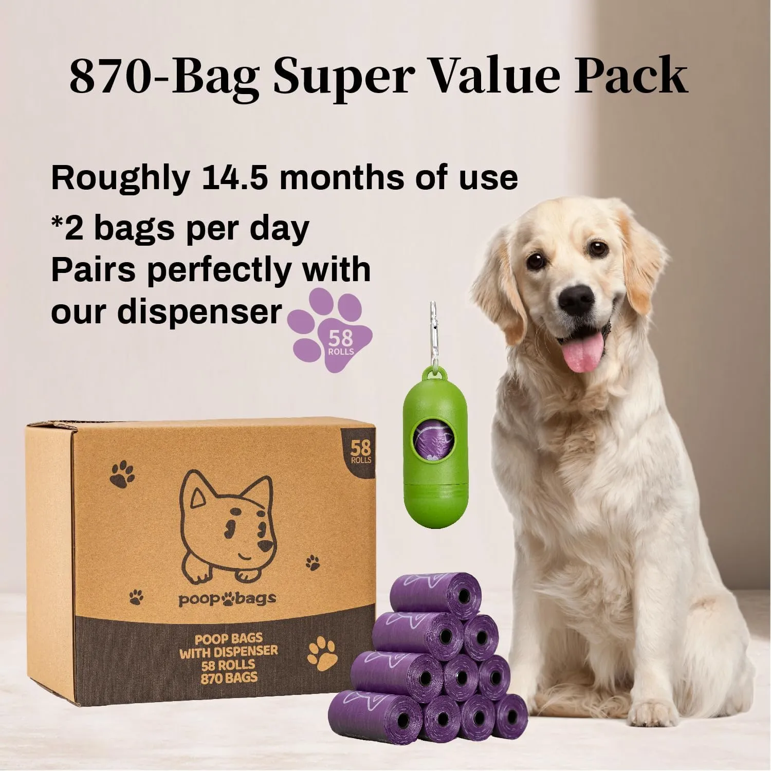 870 Counts Dog Poop Bags Rolls with Dispenser & Leash Clip, Scented Poop Bags for Dogs Waste, Extra Thick & Leak Proof for Poop Doggie Puppy Pet Waste, 9" x 13", Purple