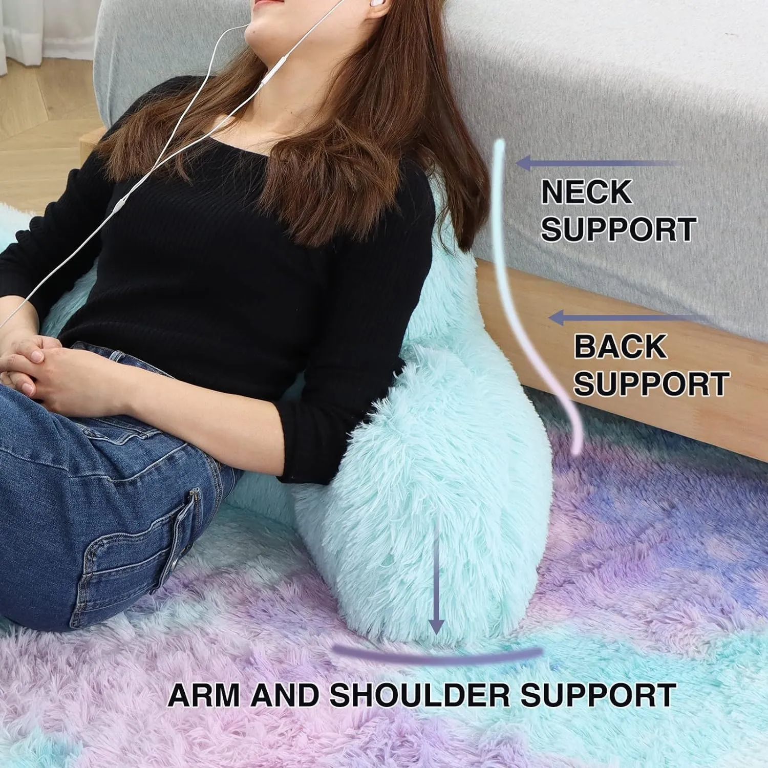 A Nice Night Faux Fur Soft Reading Pillow Bed Wedge Adult Backrest with Arms Back Support for Sitting Up in Bed/Couch for Bedrest, Tie Dyed Khaki